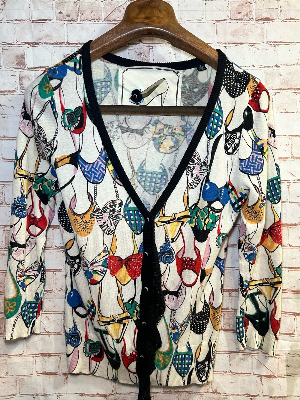 Anthropologie Imelda Shoe Print Cardigan Novelty Quirky Fun Sweater Size Small - Picture 2 of 6